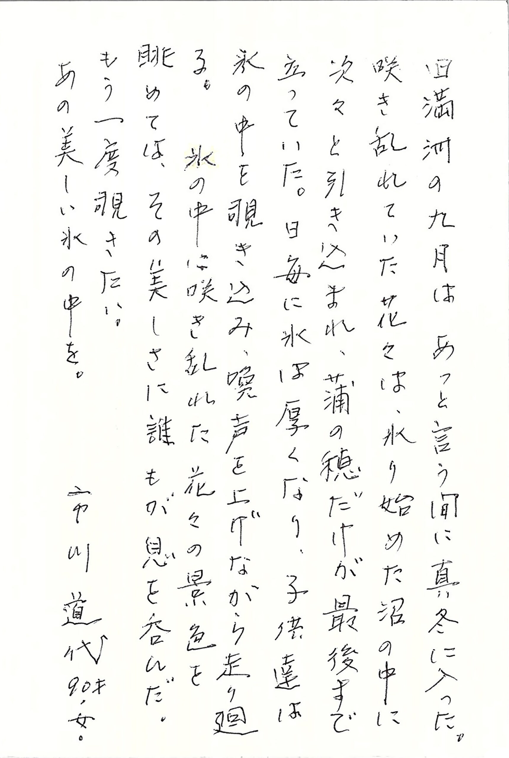 旧満洲の九月はあっと言う間に真冬に入った。 咲き乱れていた花々は、氷り始めた沼の中に次々と引き込まれ、蒲の穂だけが最後まで立っていた。 日毎に氷は厚くなり、子供達は氷の中を覗き込み、喚声を上げながら走り廻る。 氷の中に咲き乱れた花々の景色を眺めては、その美しさに誰もが息を呑んだ。 もう一度覗きたい。 あの美しい氷の中を。